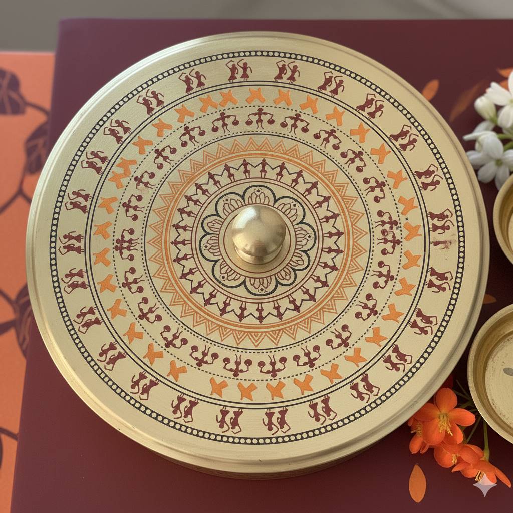 Brass Round Storage Box – Worli Art Design (Medium) Gift Set-1