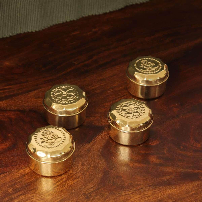 Brass Sindoor Dibbi Round Set Of 4 | Haldi Kumkum box for gifting-1