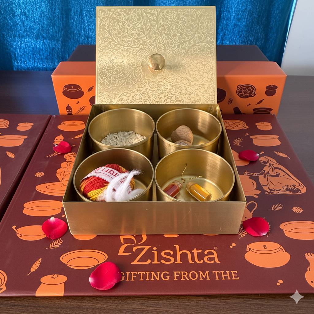 Brass Square Box with 4 Cups - Gift Set-3