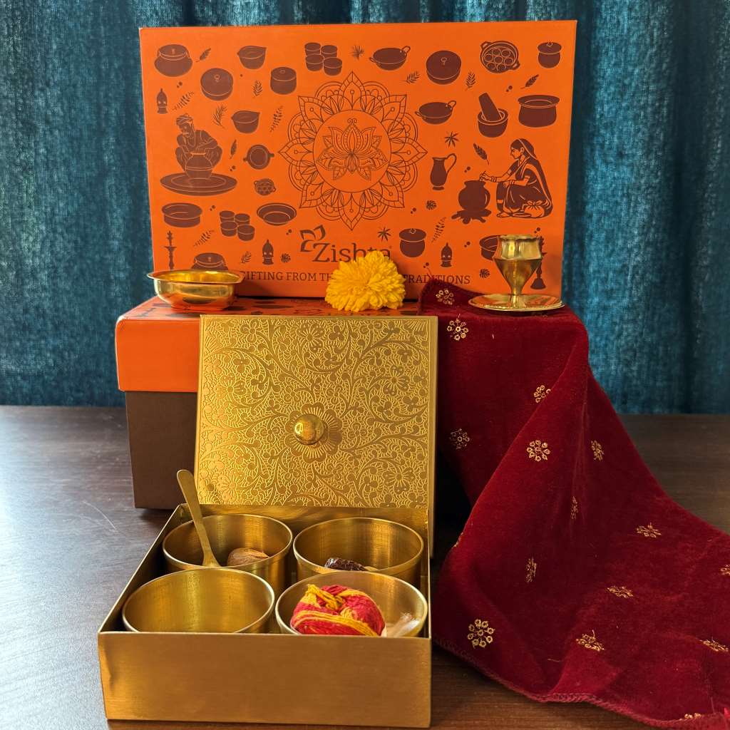 Brass Square Box with 4 Cups - Gift Set-1