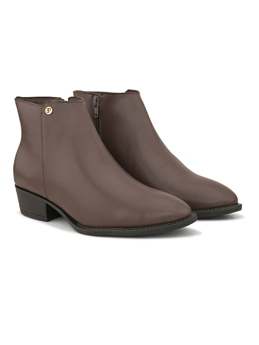 Brown leather ankle boots with a pointed toe, side zipper, and low block heel.