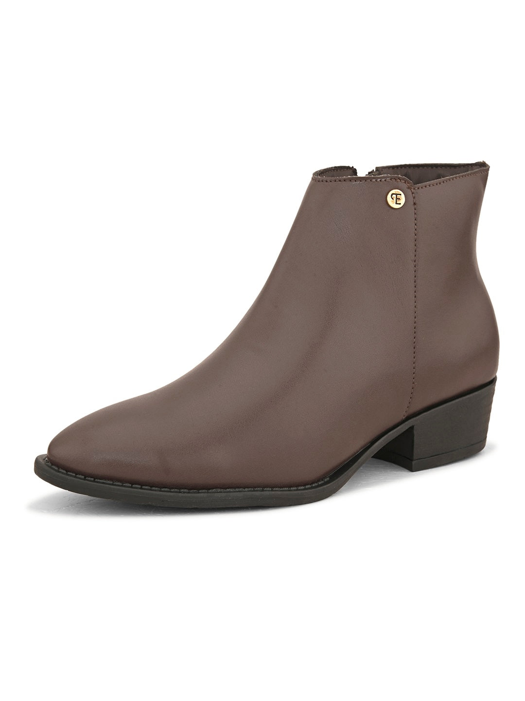 Brown leather boot with a pointed toe, side zipper, and low block heel.