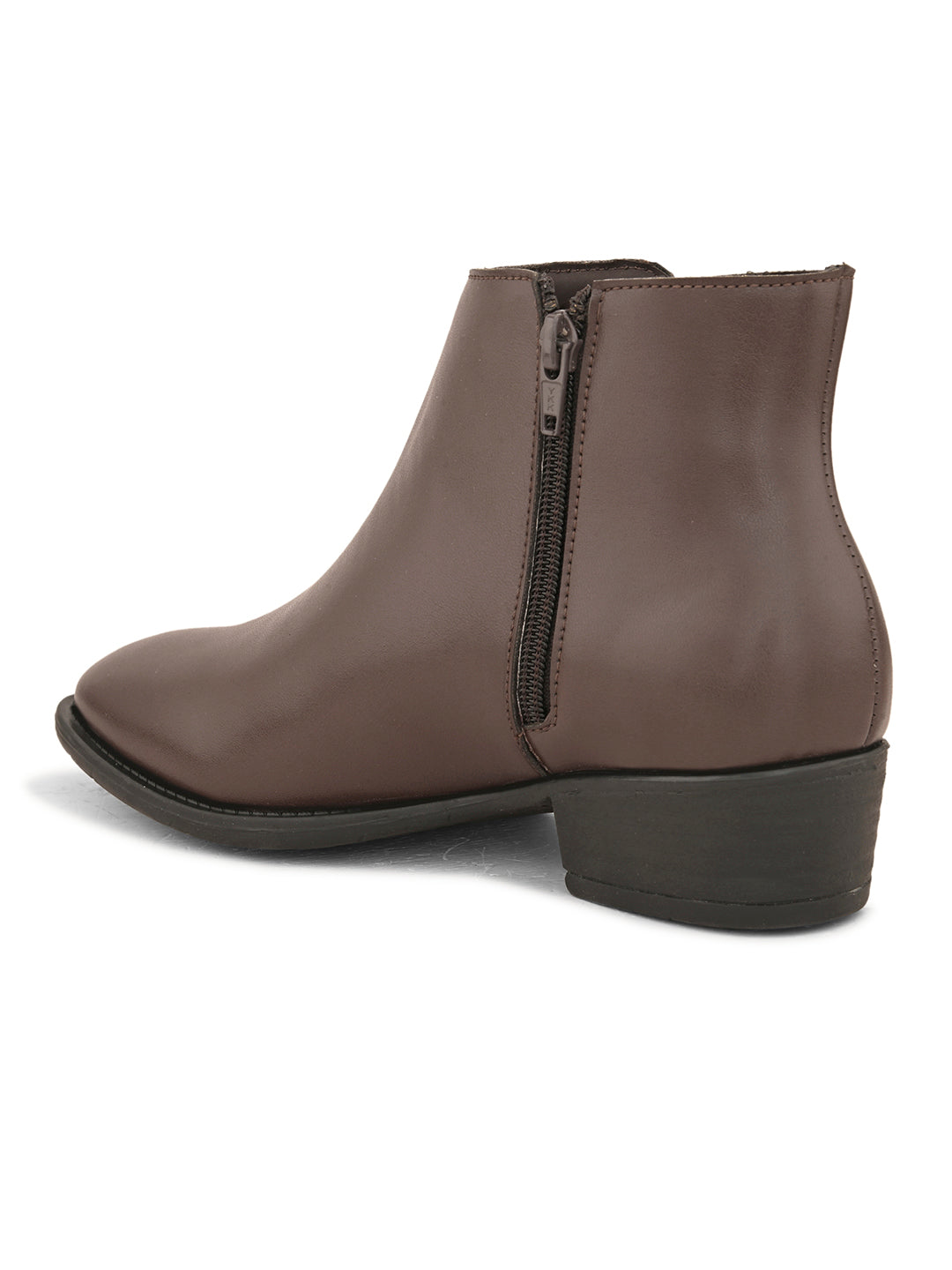 Brown leather boot with a pointed toe, side zipper, and low block heel.