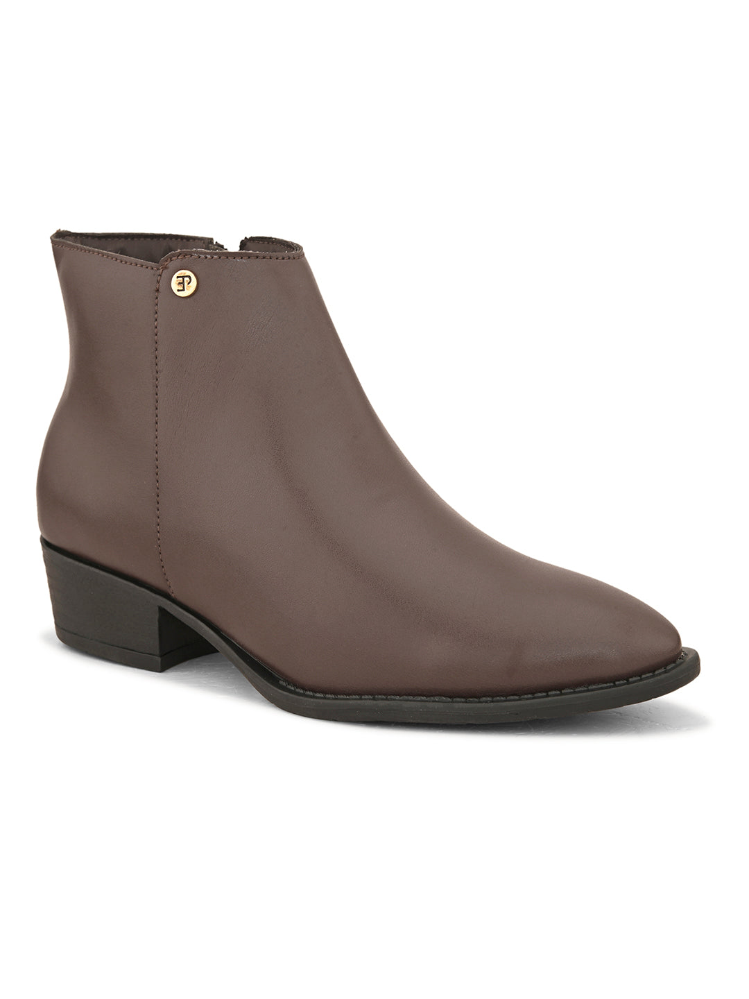 Brown leather boot with a pointed toe, side zipper, and low block heel.
