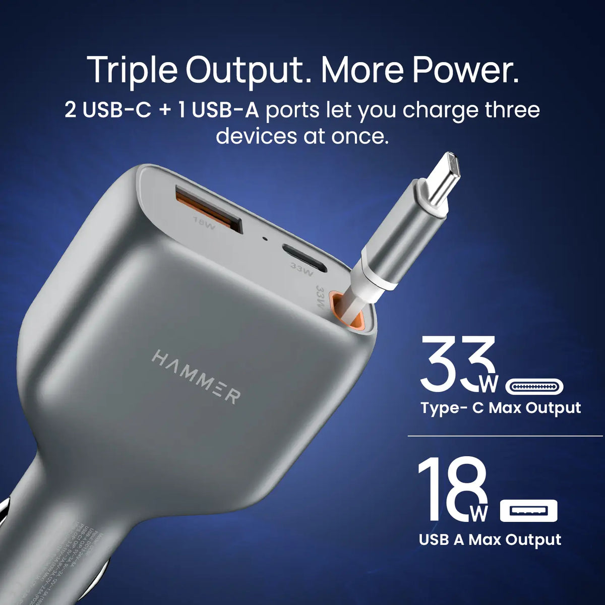 HAMMER 84W 3 in 1 Car Charger, 85 cm Retractable Cable (33W Type-C PD), Dual Port (18W USB Type-A & 33W Type-C) for Laptop, Android, iPhone, Earbuds-2