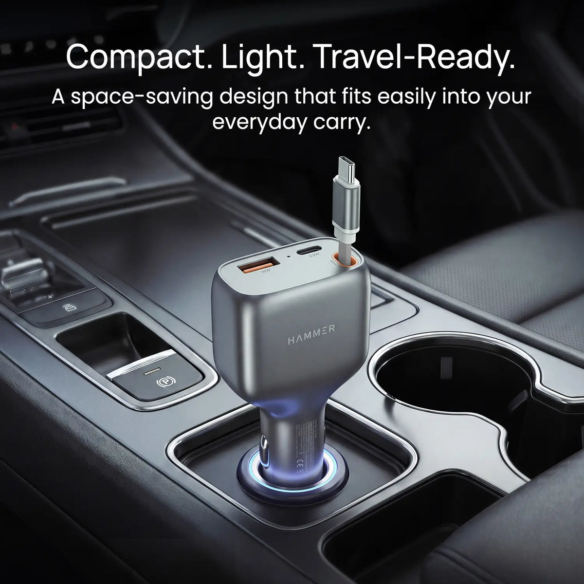 HAMMER 84W 3 in 1 Car Charger, 85 cm Retractable Cable (33W Type-C PD), Dual Port (18W USB Type-A & 33W Type-C) for Laptop, Android, iPhone, Earbuds-4
