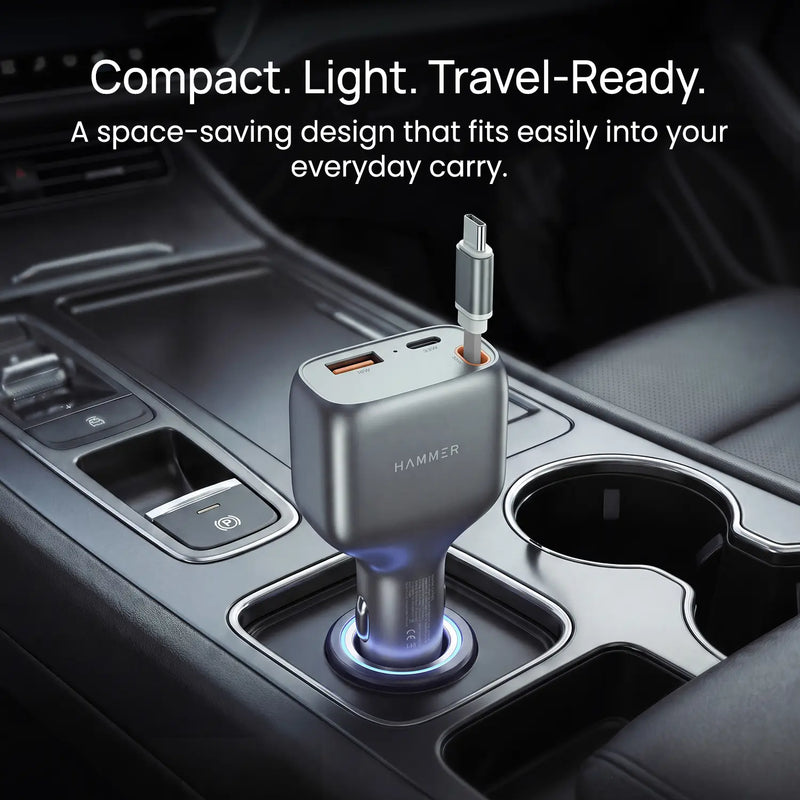 HAMMER 84W 3 in 1 Car Charger, 85 cm Retractable Cable (33W Type-C PD), Dual Port (18W USB Type-A & 33W Type-C) for Laptop, Android, iPhone, Earbuds-4