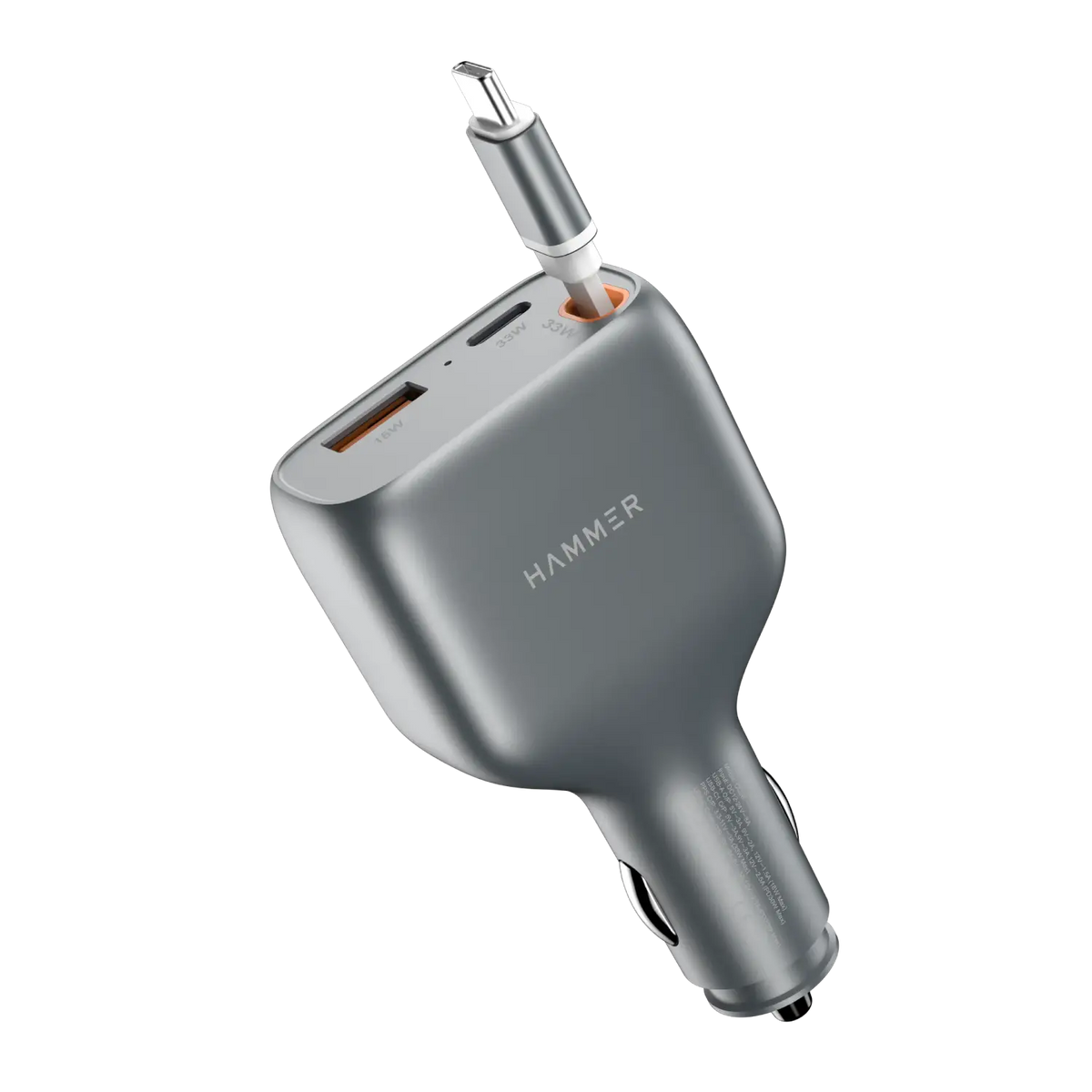 HAMMER 84W 3 in 1 Car Charger, 85 cm Retractable Cable (33W Type-C PD), Dual Port (18W USB Type-A & 33W Type-C) for Laptop, Android, iPhone, Earbuds-1