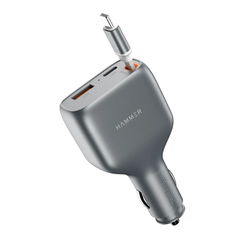 HAMMER 84W 3 in 1 Car Charger, 85 cm Retractable Cable (33W Type-C PD), Dual Port (18W USB Type-A & 33W Type-C) for Laptop, Android, iPhone, Earbuds-1
