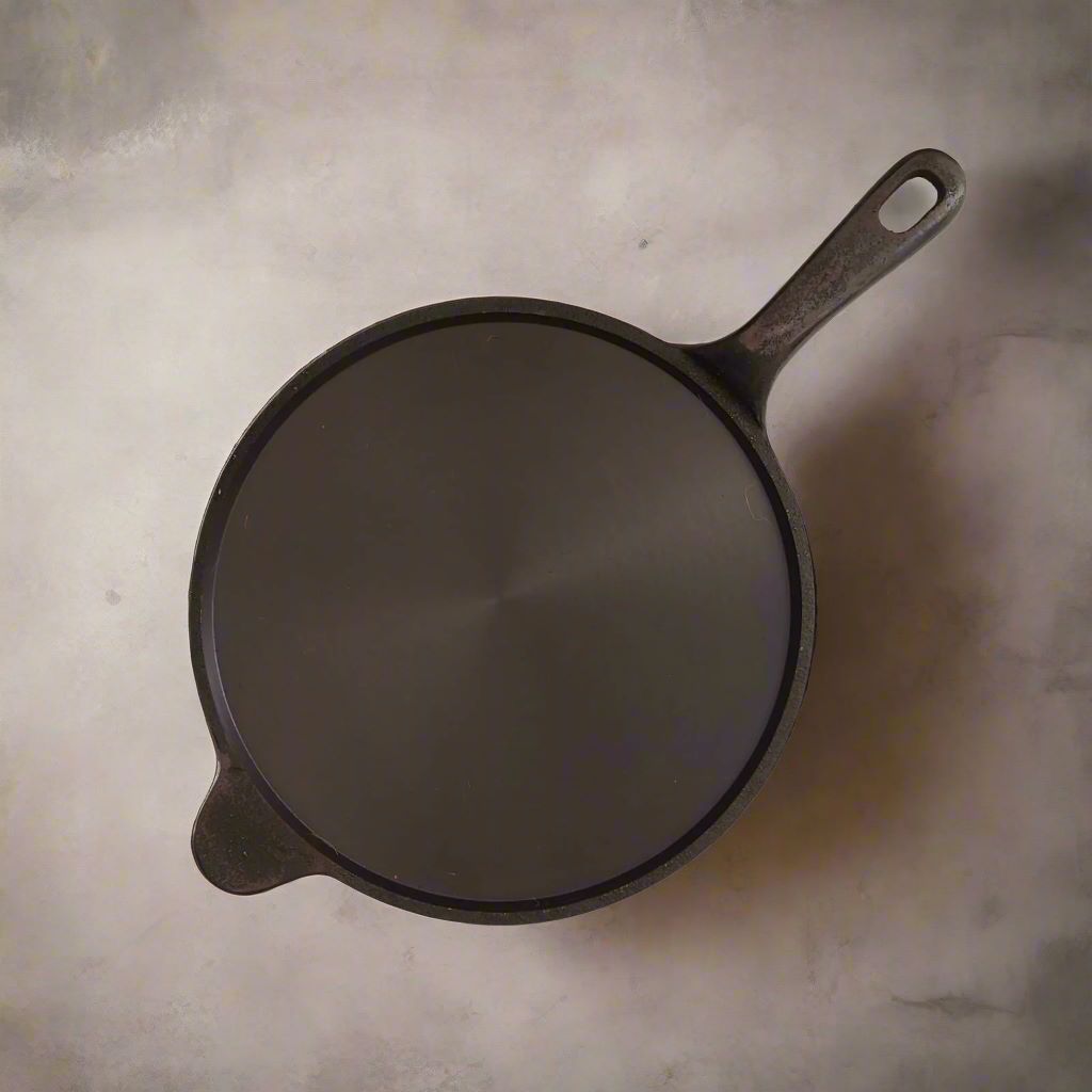 Cast iron Tawa with a long handle on a textured surface-ZIshta Traditional Cookware