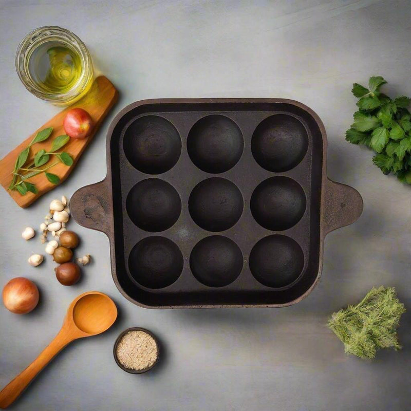 Cast Iron Square Paniyaram Pan – 9 Pits | Paniyarakal for Paddu | Induction Friendly-1
