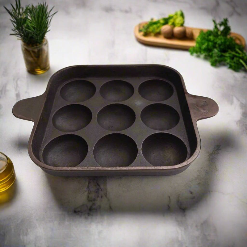 Cast Iron Square Paniyaram Pan – 9 Pits | Paniyarakal for Paddu | Induction Friendly-2