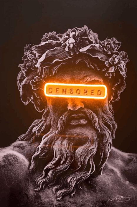 "Censored" Greek God Statue Print with Orange Neon Neonsignsindia