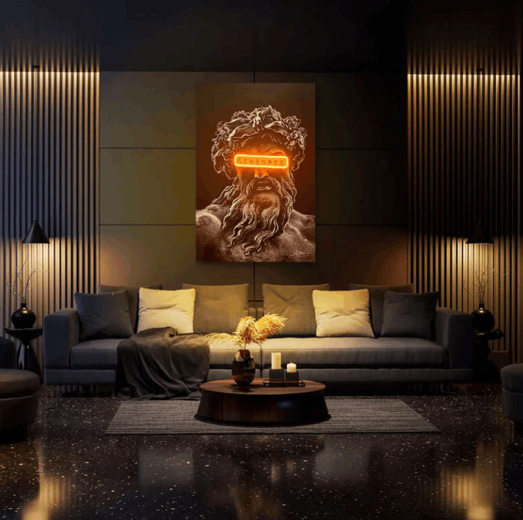 "Censored" Greek God Statue Print with Orange Neon Neonsignsindia