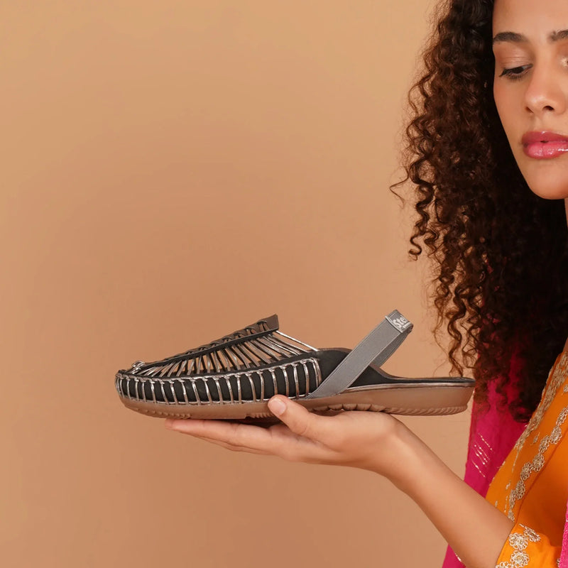 Metallic Gray Handcrafted Clogs-1