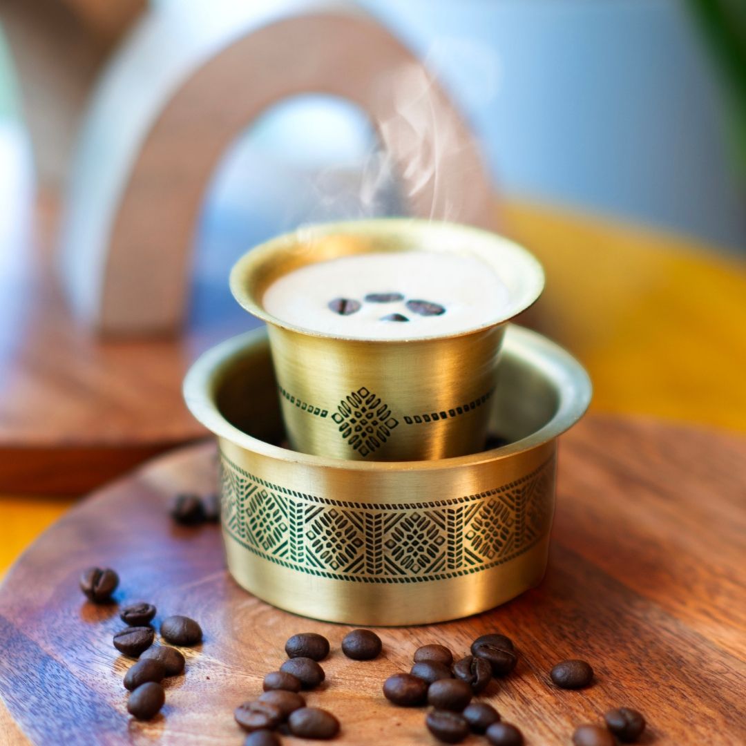 Coffee Dabara Set made with Pure Brass in a Kanjeevaram design theme