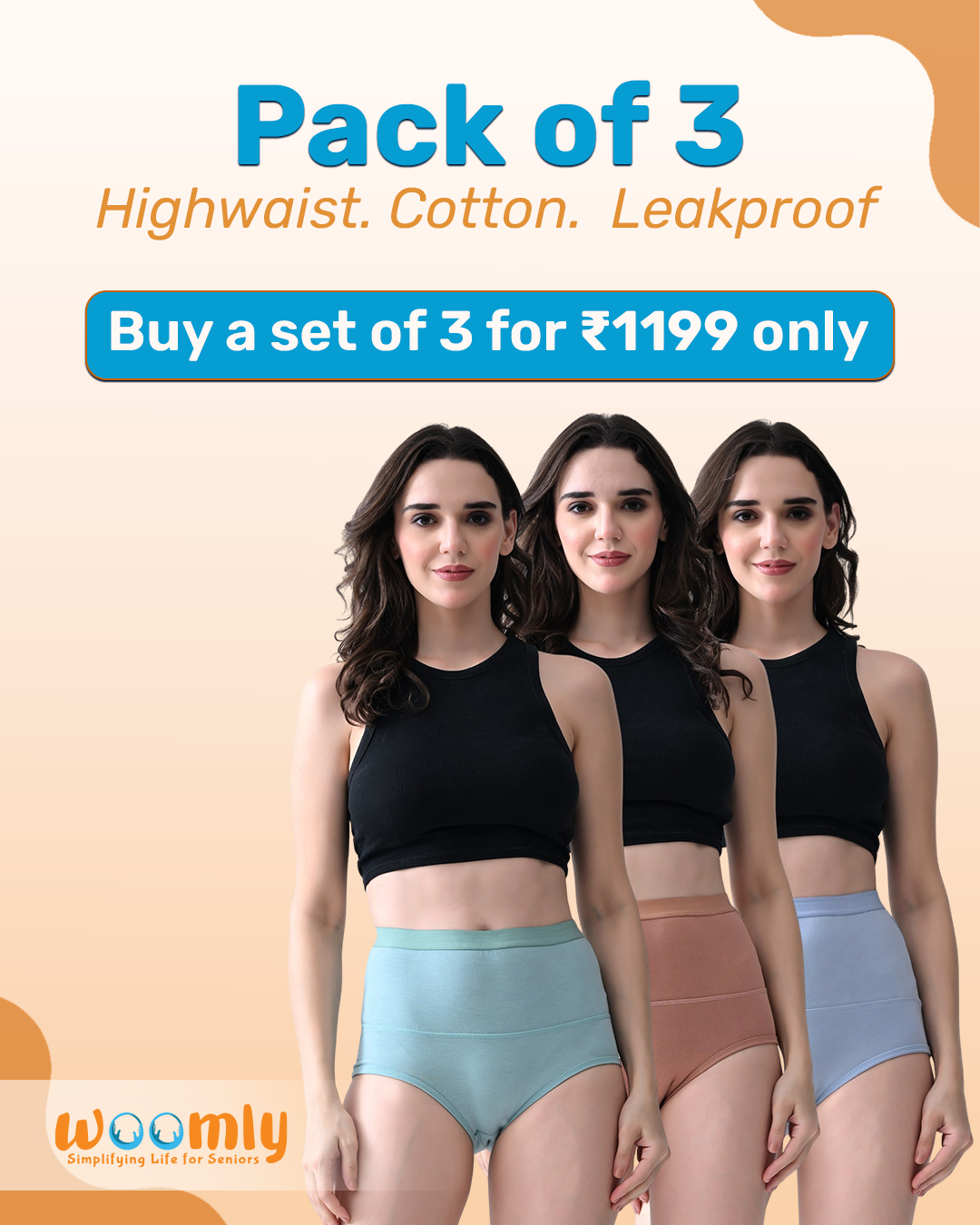 Leakproof Panties for Urine Leak – Cotton High-Waist, Reusable (Pack of 3) | Woomly