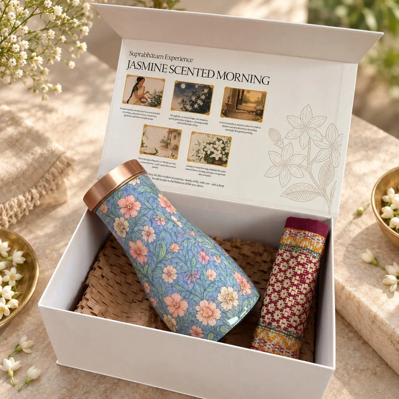 Floral copper carafe and rolled Madur coaster inside the open Zishta Suprabhatam Jasmine Scented Morning gift box. Zishta Diwali Corporate Gifting.