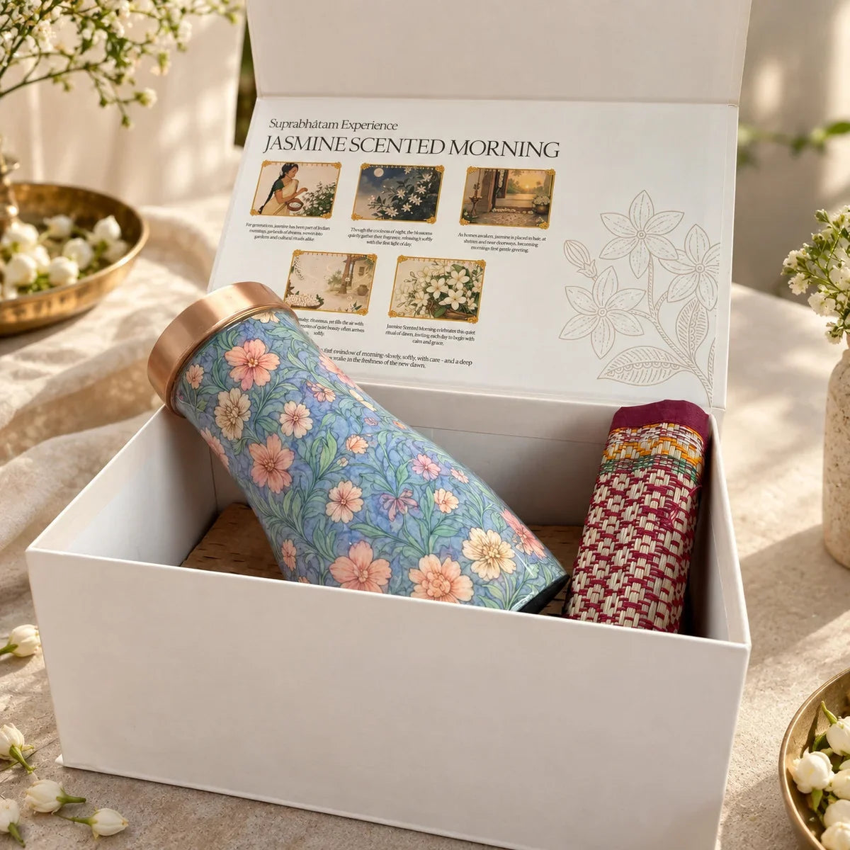 Close-up of Floral copper carafe and rolled Madur coaster inside the open Zishta Suprabhatam Jasmine Scented Morning gift box. Zishta Diwali Corporate Gifting.
