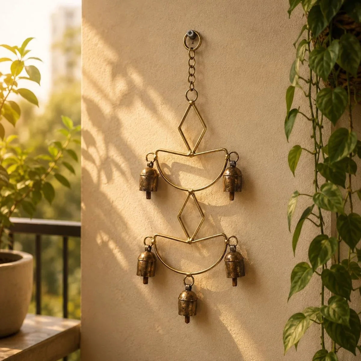 Copper coated iron wall hanging with five decorative bells on a balcony wall. Zishta Home Decor.