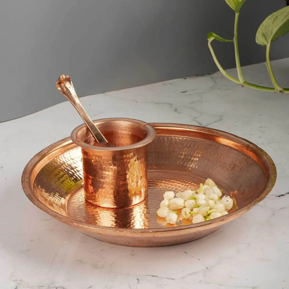 Traditional Copper Panchapatra kept in a Copper Puja Thali-Zishta Pooja Essentials