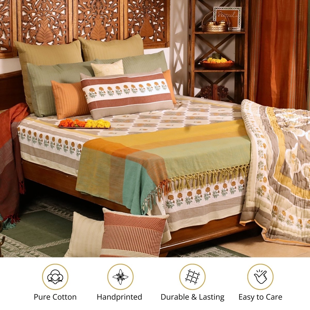 Hand Printed Cotton Bed sheet in Ivory and Taupe Colours