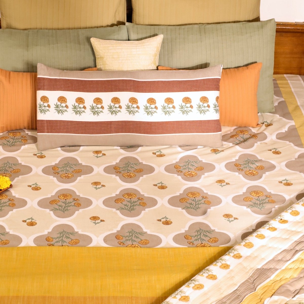 Hand Printed Cotton Bed sheet in Ivory and Taupe Colours