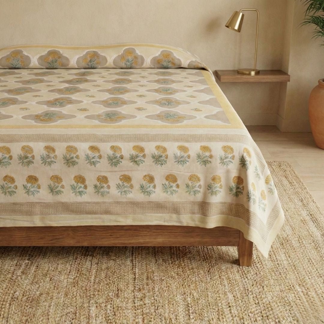 Hand Printed Cotton Bed sheet in Ivory and Taupe Colours