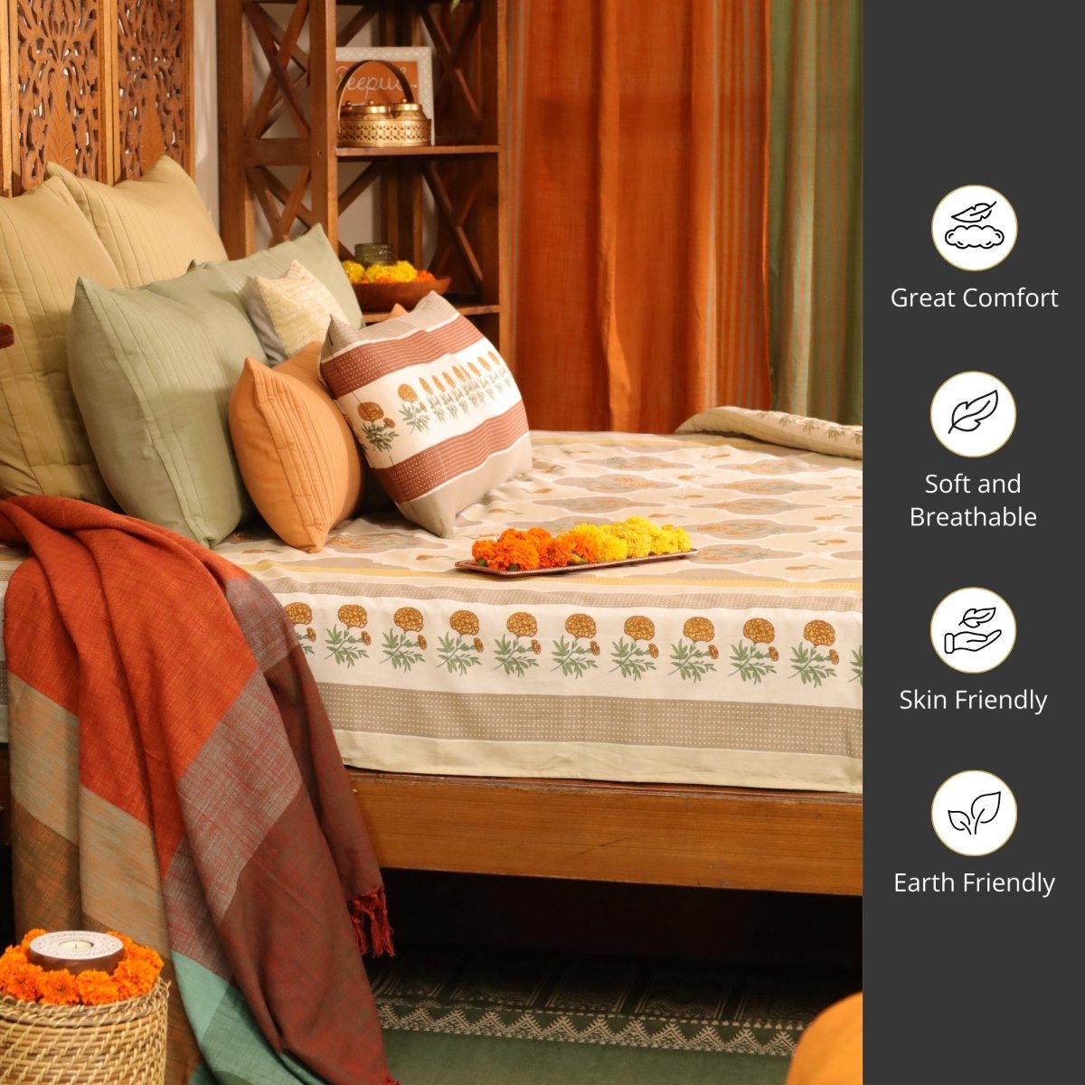 Hand Printed Cotton Bed sheet in Ivory and Taupe Colours