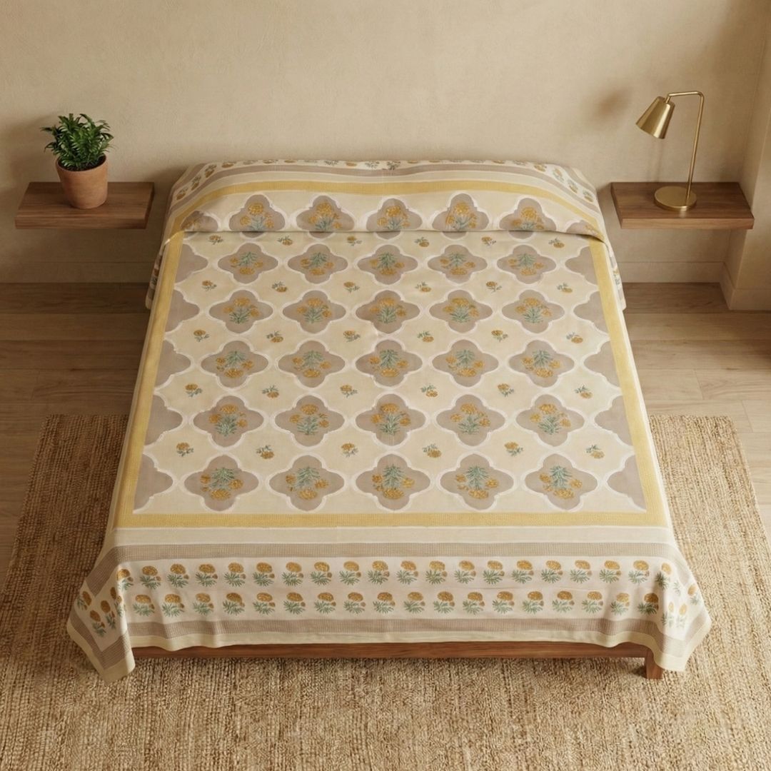 Hand Printed Cotton Bed sheet in Ivory and Taupe Colours