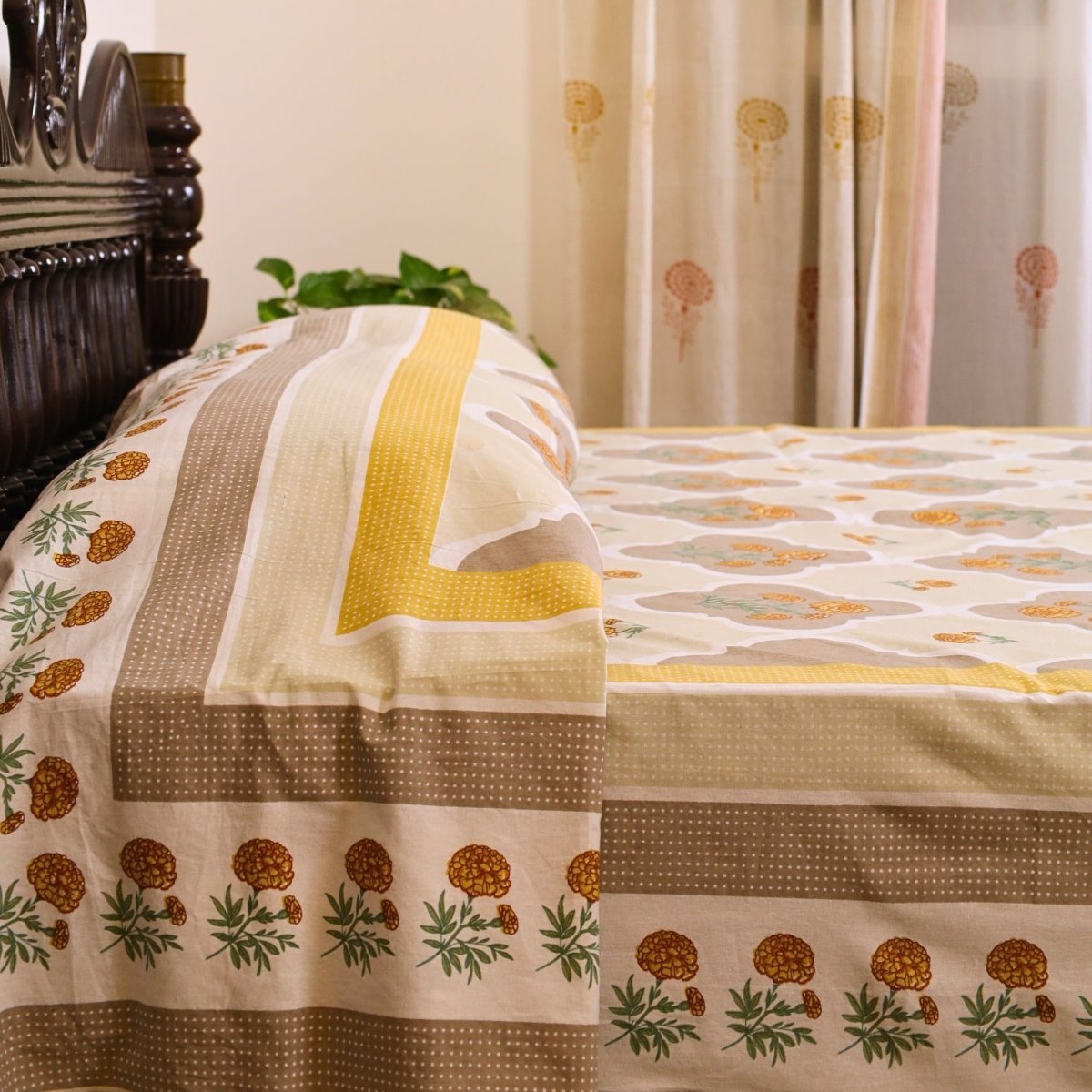 Hand Printed Cotton Bed sheet in Ivory and Taupe Colours