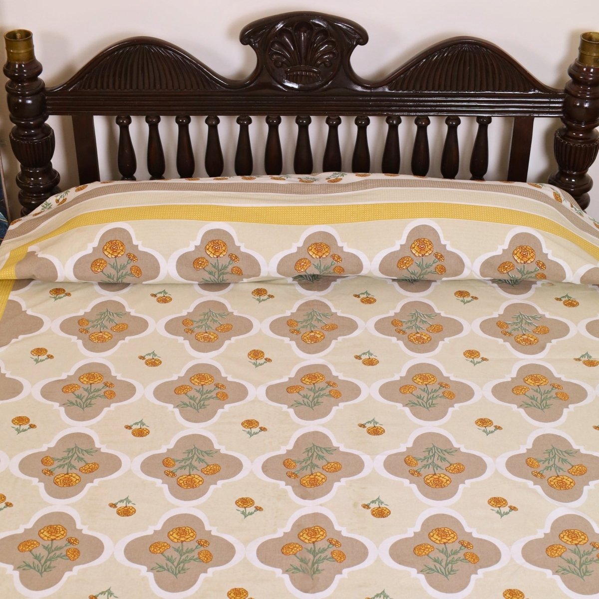Hand Printed Cotton Bed sheet in Ivory and Taupe Colours
