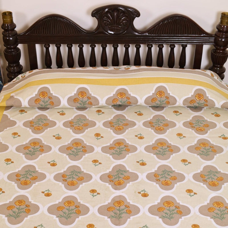 Hand Printed Cotton Bed sheet in Ivory and Taupe Colours