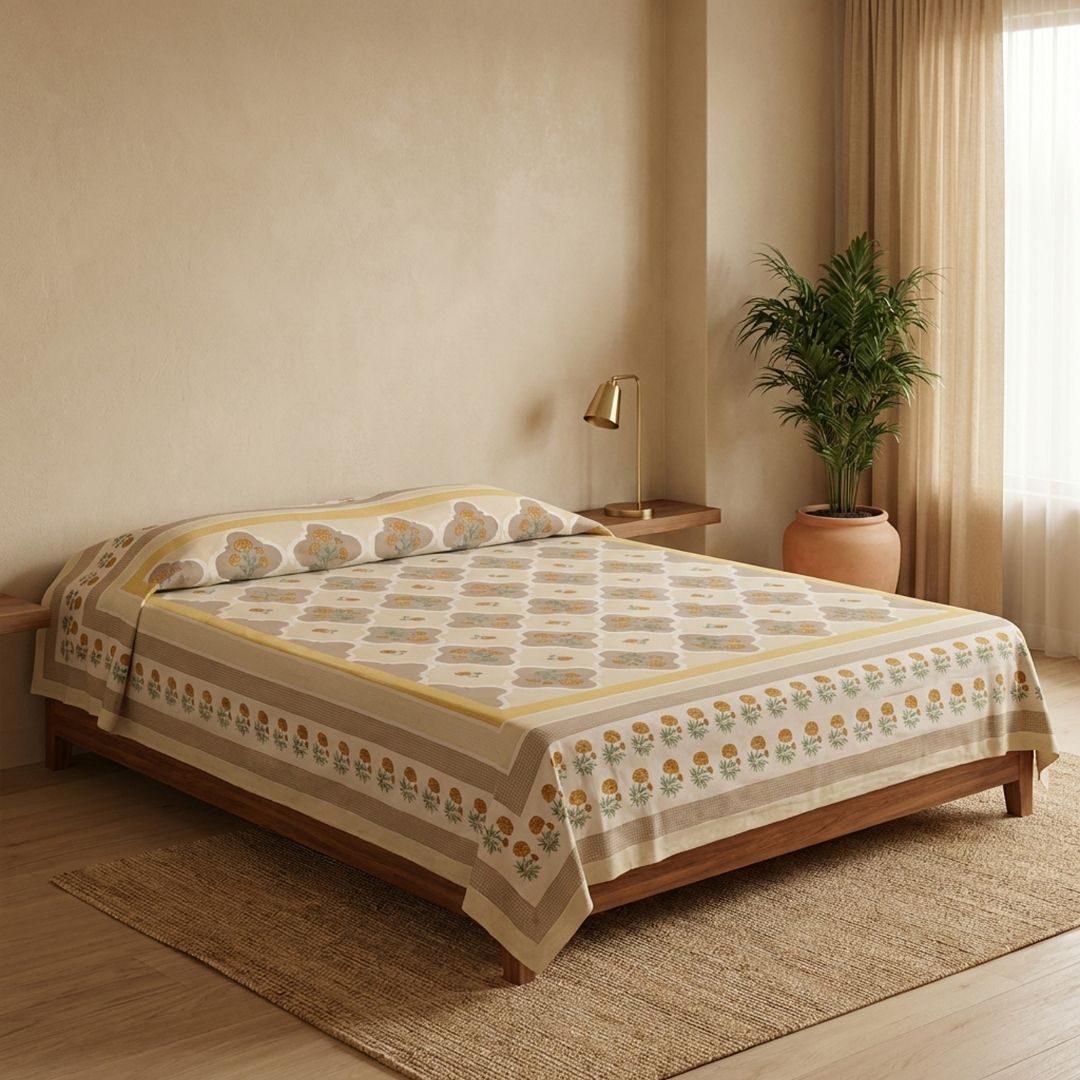 Hand Printed Cotton Bed sheet in Ivory and Taupe Colours