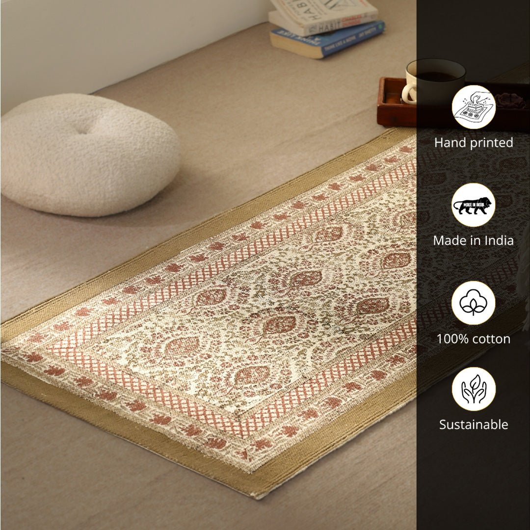 Cotton Floor Rug for Living Room and Bedroom hand block printed in Ivory and Rust Colour | Soft Washable Area Rug