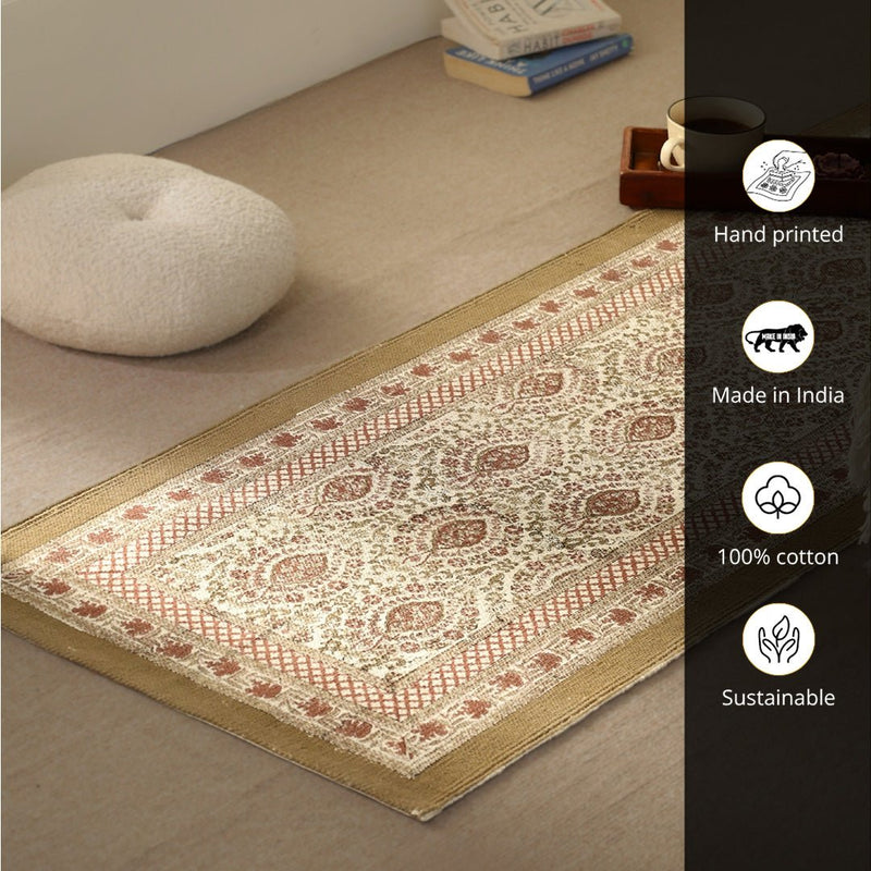 Cotton Floor Rug for Living Room and Bedroom hand block printed in Ivory and Rust Colour | Soft Washable Area Rug