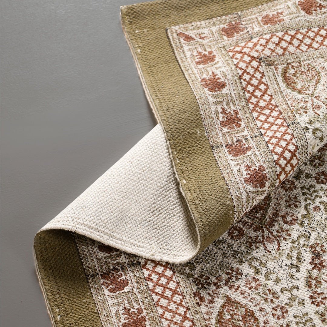 Cotton Floor Rug for Living Room and Bedroom hand block printed in Ivory and Rust Colour | Soft Washable Area Rug
