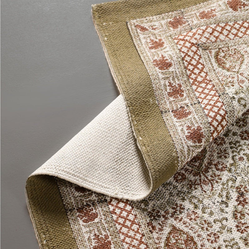 Cotton Floor Rug for Living Room and Bedroom hand block printed in Ivory and Rust Colour | Soft Washable Area Rug