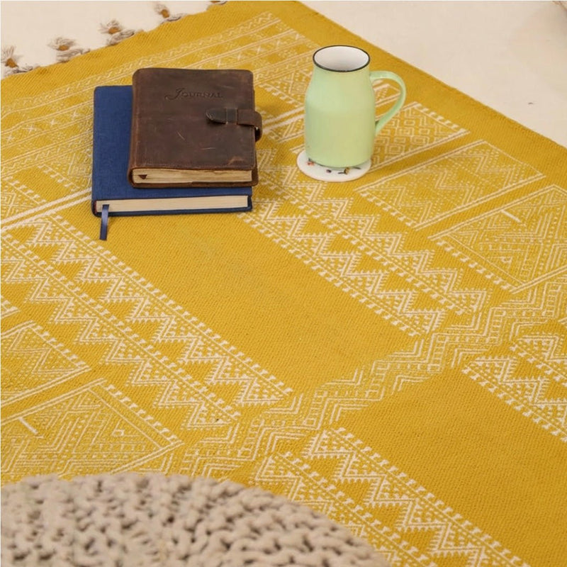 Cotton Floor Rug for Living Room and Bedroom handprinted in Jaipuri honey mustard design| Soft Washable Area Rug