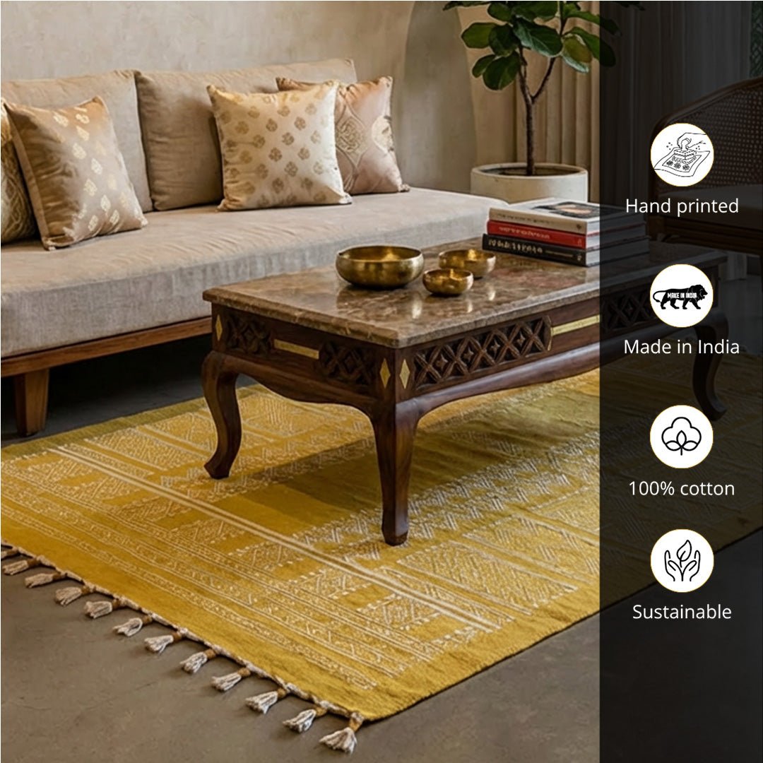 Cotton Floor Rug for Living Room and Bedroom handprinted in Jaipuri honey mustard design| Soft Washable Area Rug