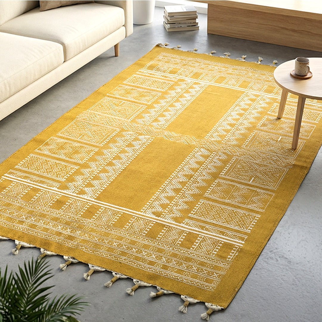 Cotton Floor Rug for Living Room and Bedroom handprinted in Jaipuri honey mustard design| Soft Washable Area Rug