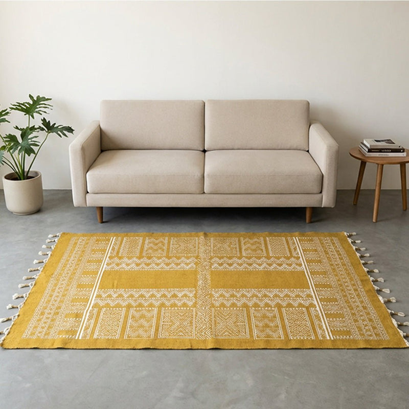 Cotton Floor Rug for Living Room and Bedroom handprinted in Jaipuri honey mustard design| Soft Washable Area Rug