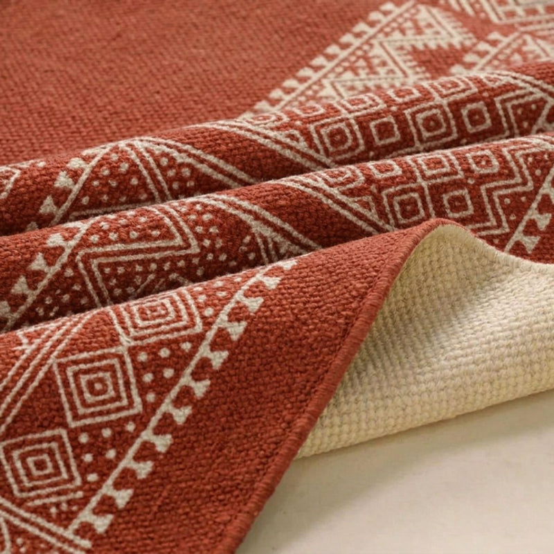 Cotton Floor Rug for Living Room and Bedroom handprinted in Jaipuri Mandana Block Design in Rust brown colour| Soft Washable Area Rug