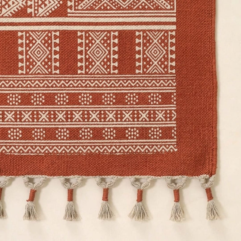 Cotton Floor Rug for Living Room and Bedroom handprinted in Jaipuri Mandana Block Design in Rust brown colour| Soft Washable Area Rug
