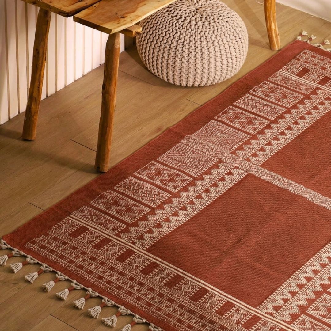 Cotton Floor Rug for Living Room and Bedroom handprinted in Jaipuri Mandana Block Design in Rust brown colour| Soft Washable Area Rug