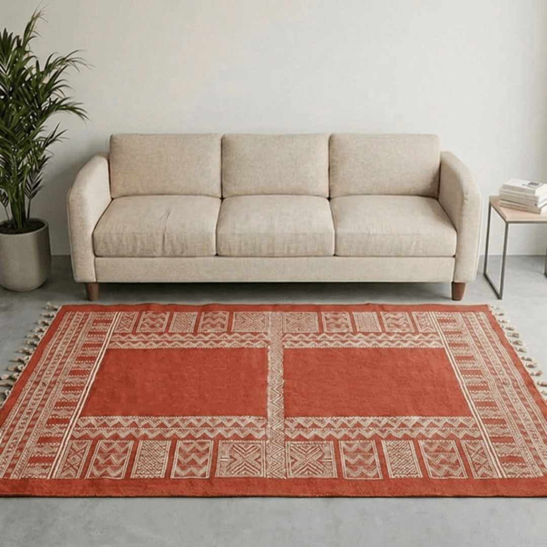 Cotton Floor Rug for Living Room and Bedroom handprinted in Jaipuri Mandana Block Design in Rust brown colour| Soft Washable Area Rug