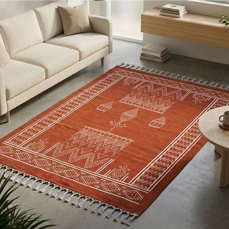 Cotton Floor Rug for Living Room and Bedroom handprinted in Jaipuri Mandana Diamond Hut Design, Rust brown colour| Soft Washable Area Rug