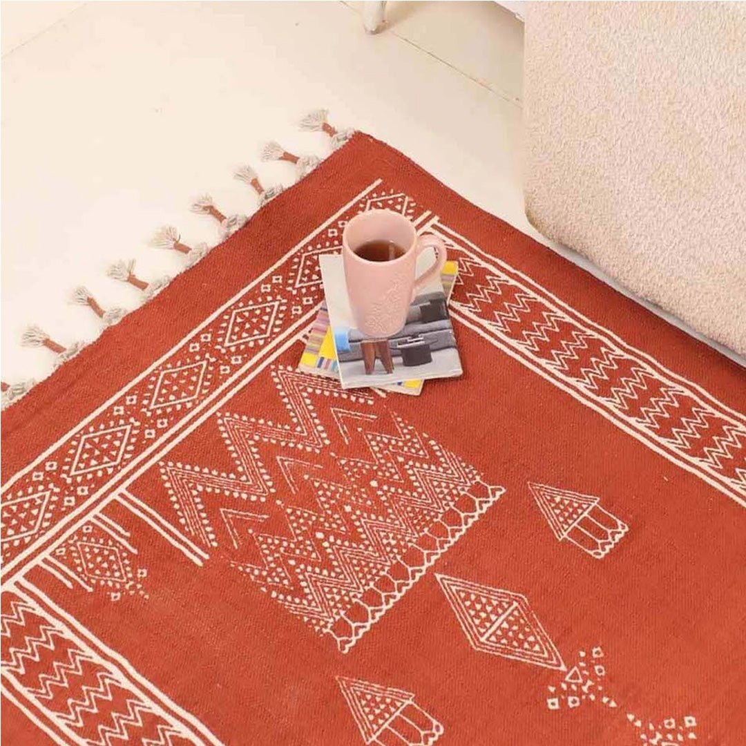 Cotton Floor Rug for Living Room and Bedroom handprinted in Jaipuri Mandana Diamond Hut Design, Rust brown colour| Soft Washable Area Rug