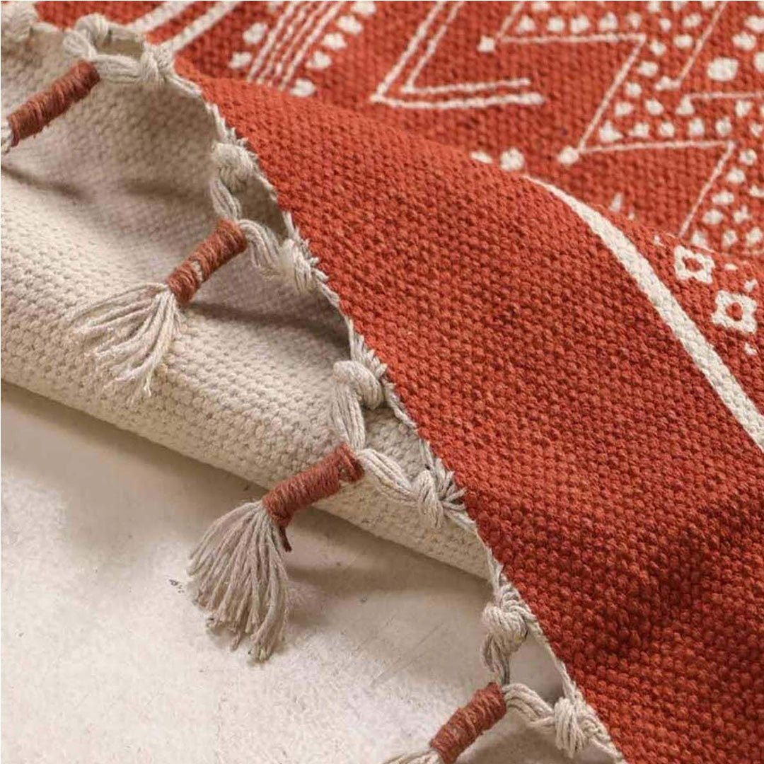Cotton Floor Rug for Living Room and Bedroom handprinted in Jaipuri Mandana Diamond Hut Design, Rust brown colour| Soft Washable Area Rug