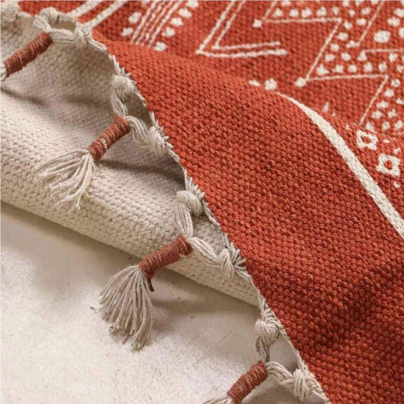 Cotton Floor Rug for Living Room and Bedroom handprinted in Jaipuri Mandana Diamond Hut Design, Rust brown colour| Soft Washable Area Rug